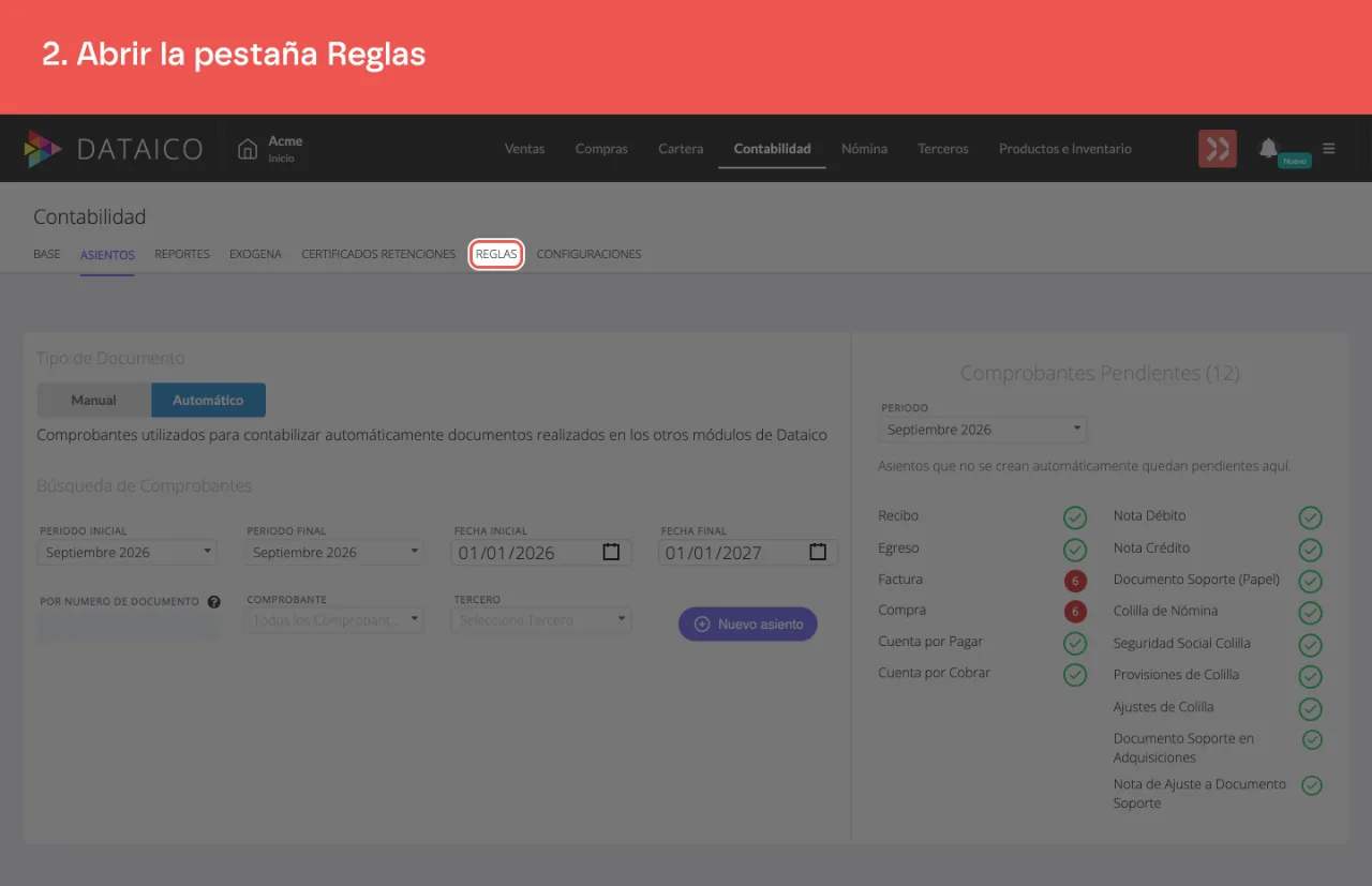 La pestaña Reglas dentro de Contabilidad