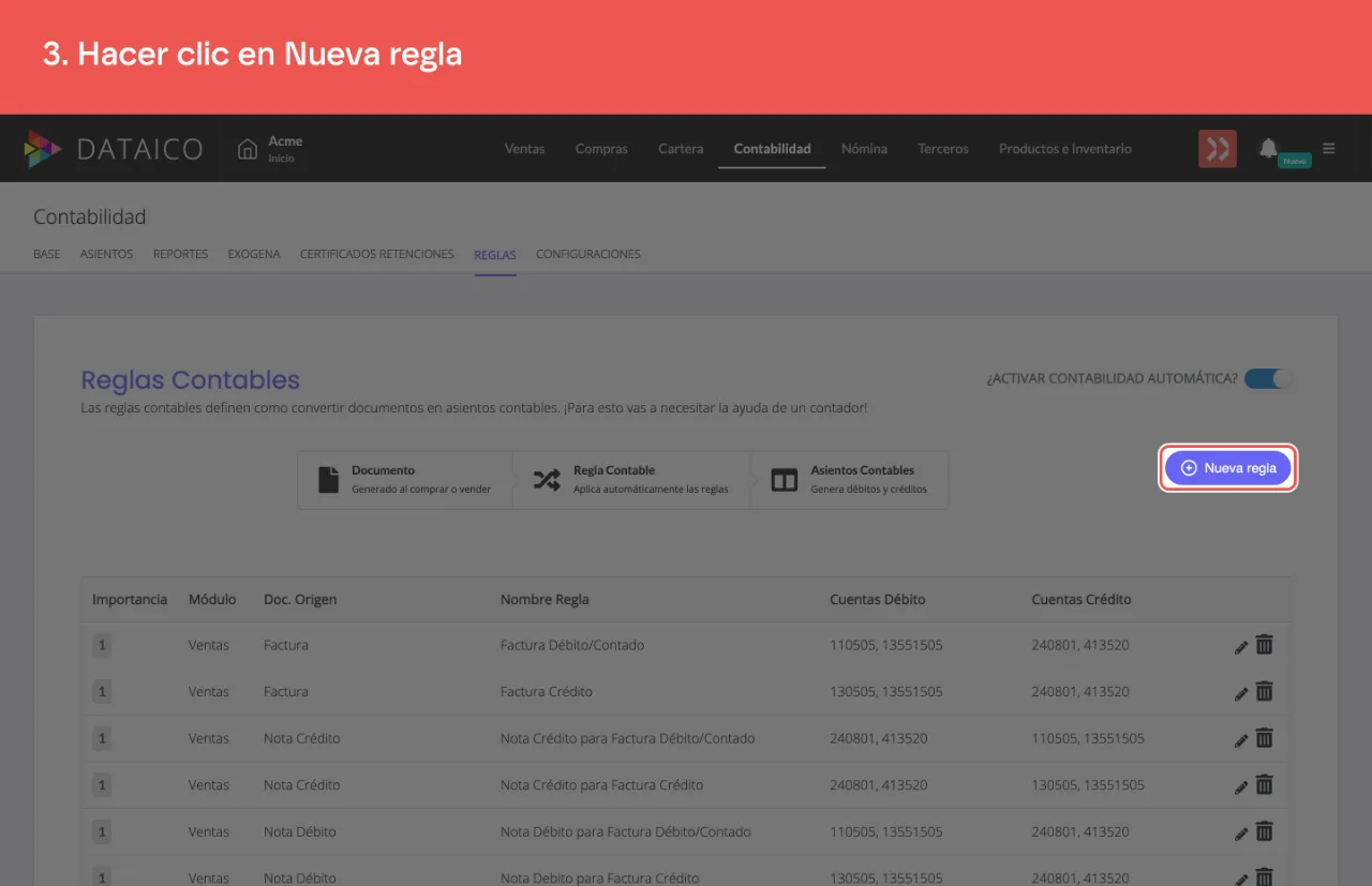 El botón Nueva regla, arriba a la derecha del listado