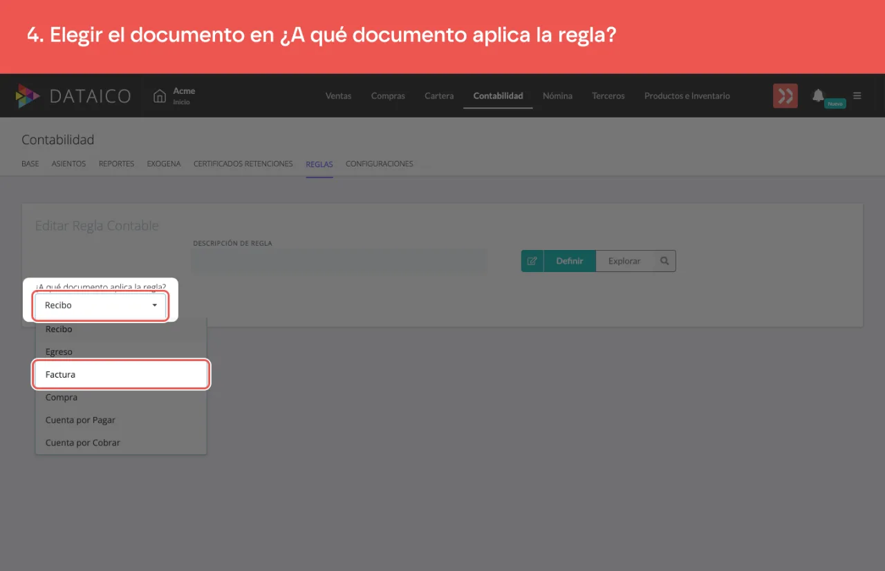 La lista de tipos de documento desplegada, con Factura señalada
