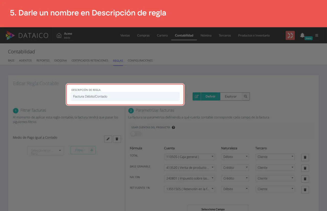 El campo Descripción de regla, que identifica la regla en el listado