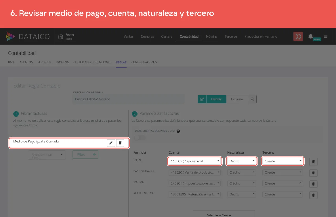 El filtro de medio de pago y, en la primera fila, la cuenta contable, su naturaleza y el tercero