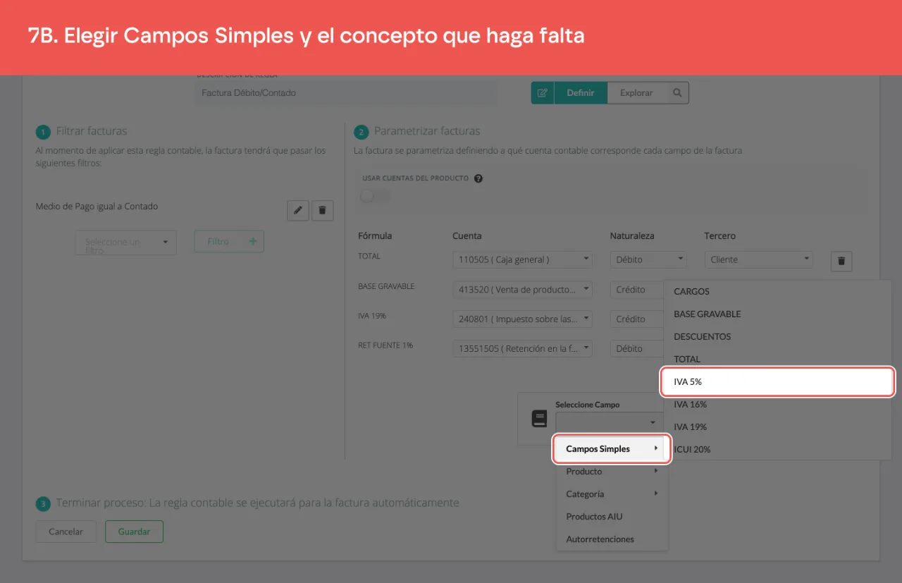 El grupo Campos Simples del selector, con los conceptos disponibles