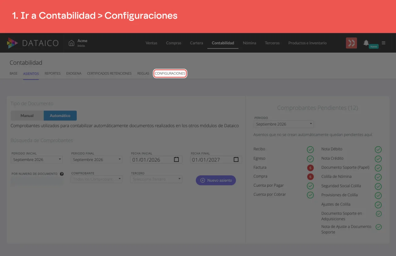 La pestaña Configuraciones del módulo de Contabilidad