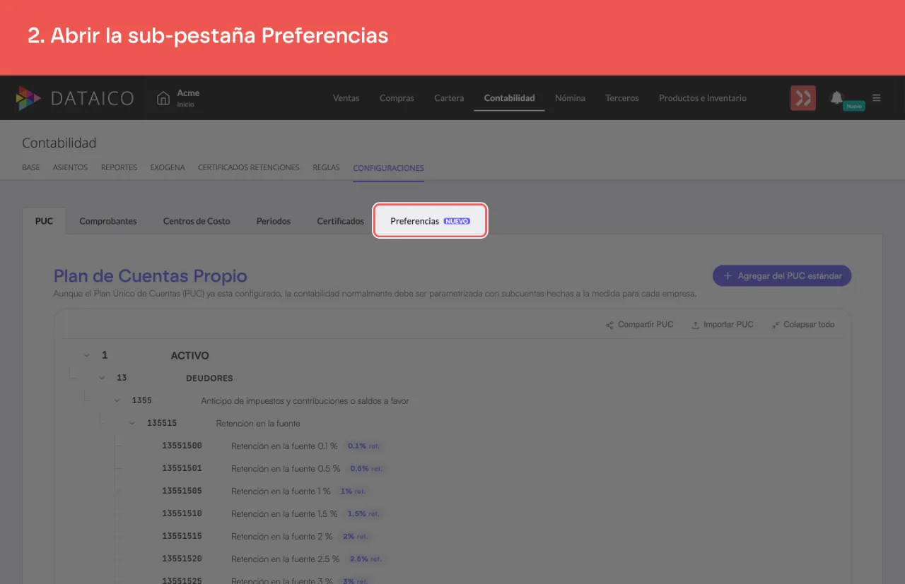 La sub-pestaña Preferencias, la última de la fila, con la insignia NUEVO
