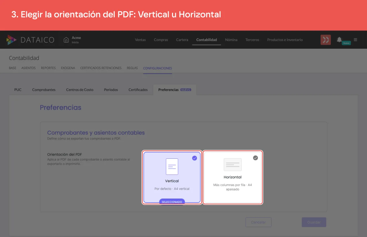 Las dos tarjetas de orientación, vertical y horizontal, con la elegida marcada