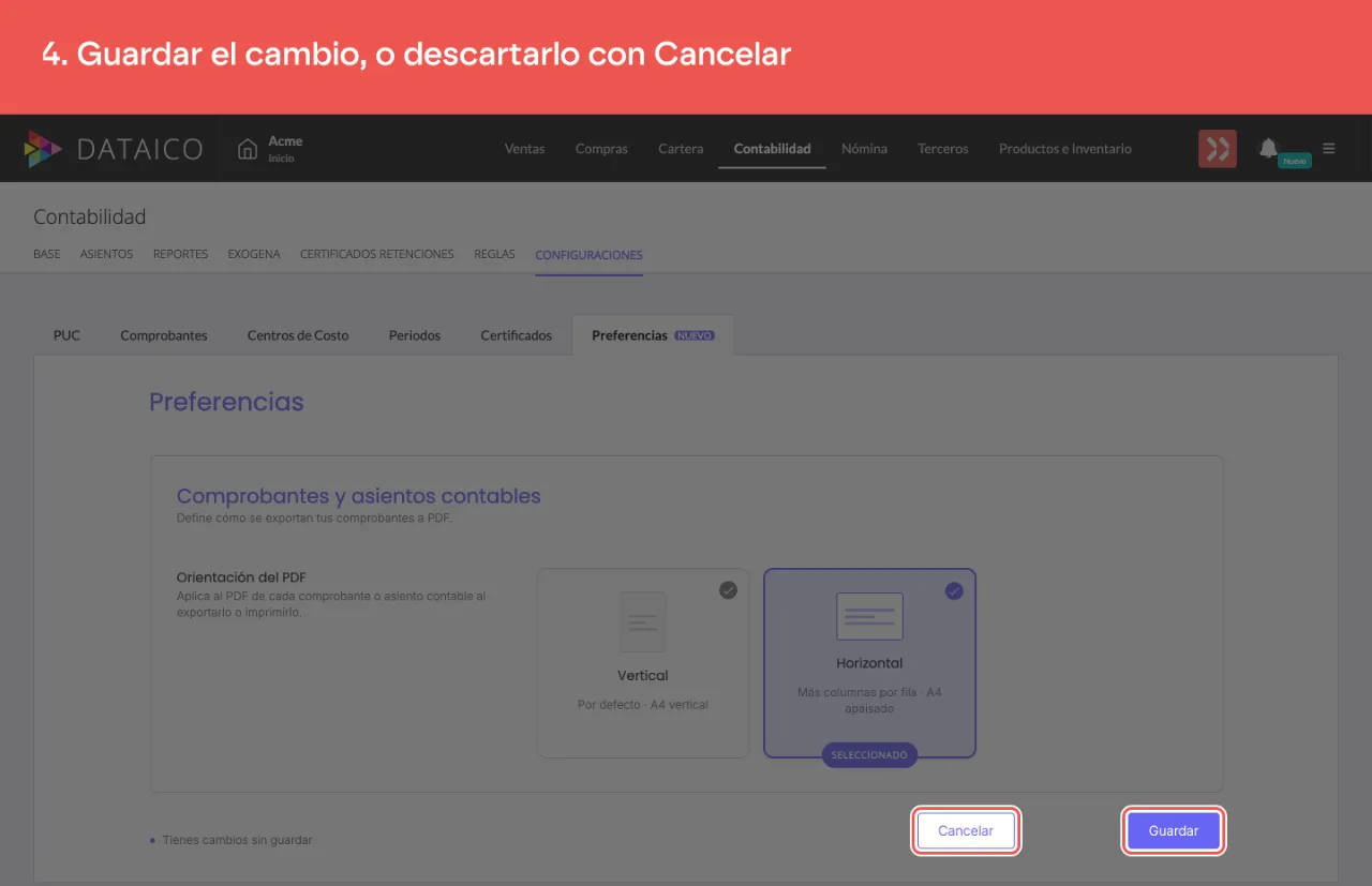 Los botones Cancelar y Guardar, junto al aviso de cambios sin guardar
