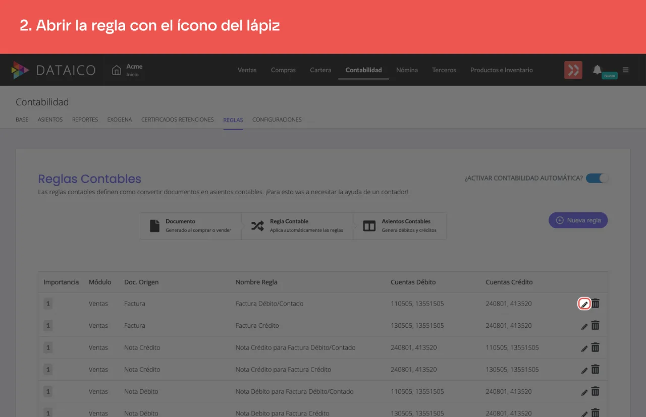 El ícono de lápiz en la regla del listado