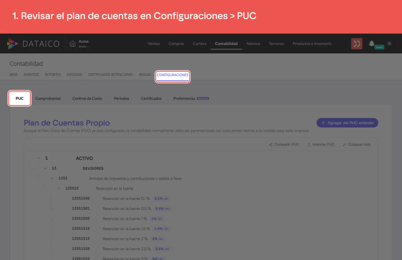 La sección Configuraciones de Contabilidad, en la pestaña PUC