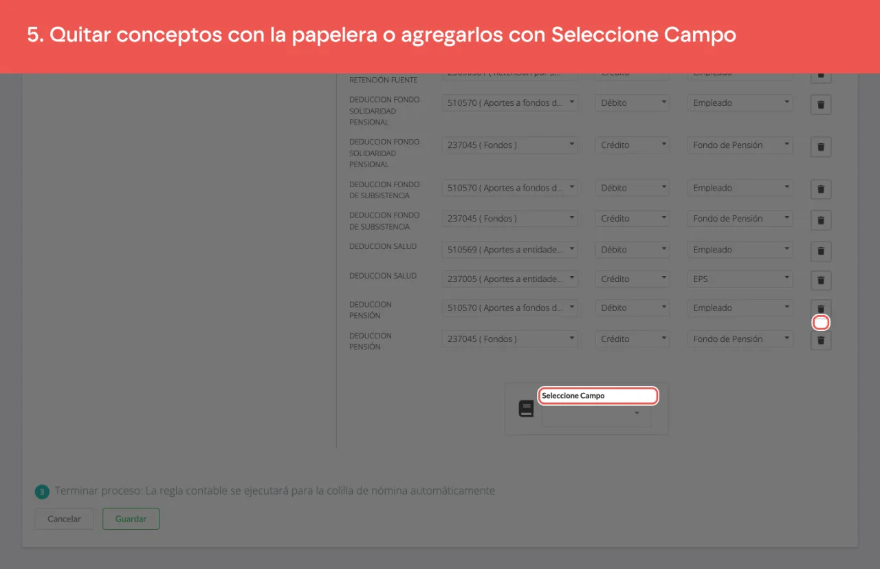 La papelera de un concepto y el selector para agregar uno nuevo