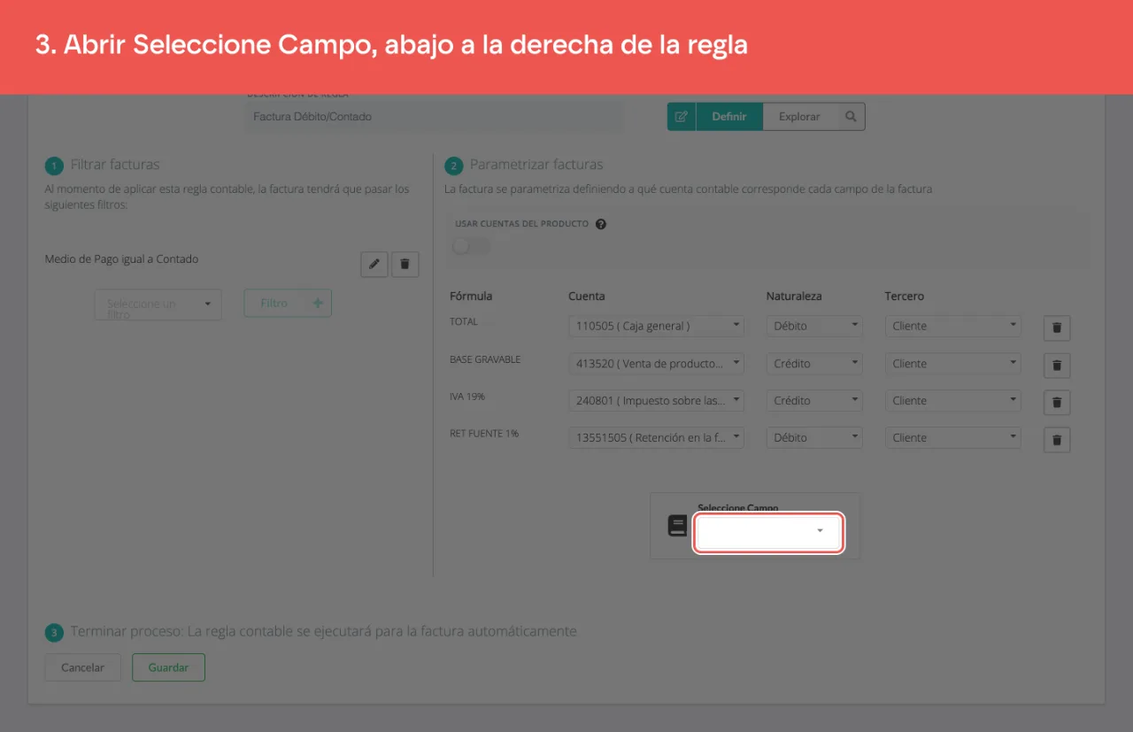 El selector Seleccione Campo, con las opciones desplegadas
