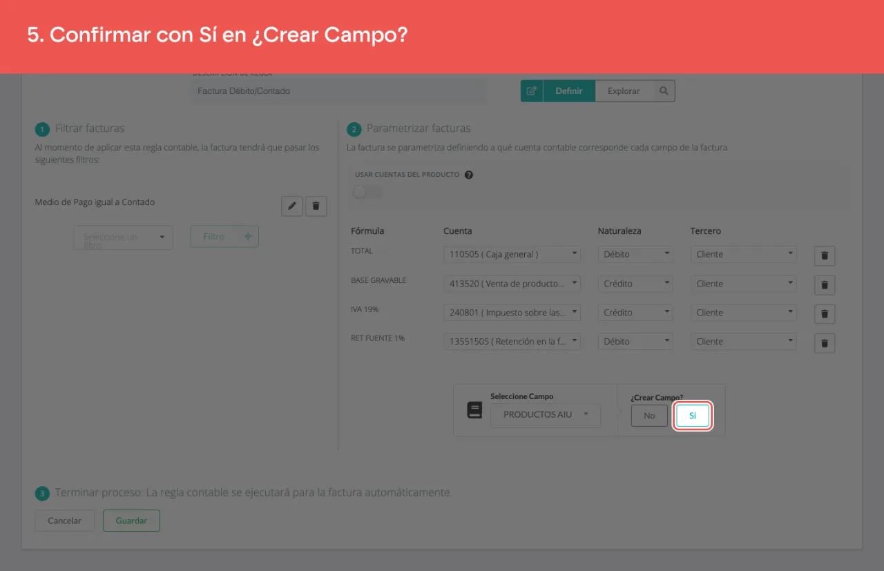 La confirmación ¿Crear Campo?, con sus botones No y Sí