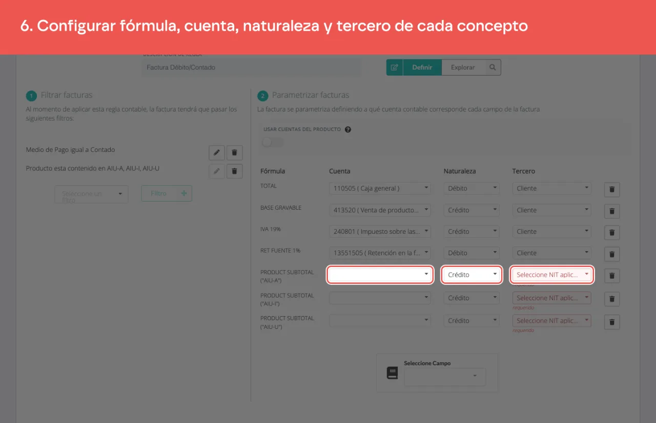 La primera fila del bloque de AIU, con su cuenta, su naturaleza y su tercero