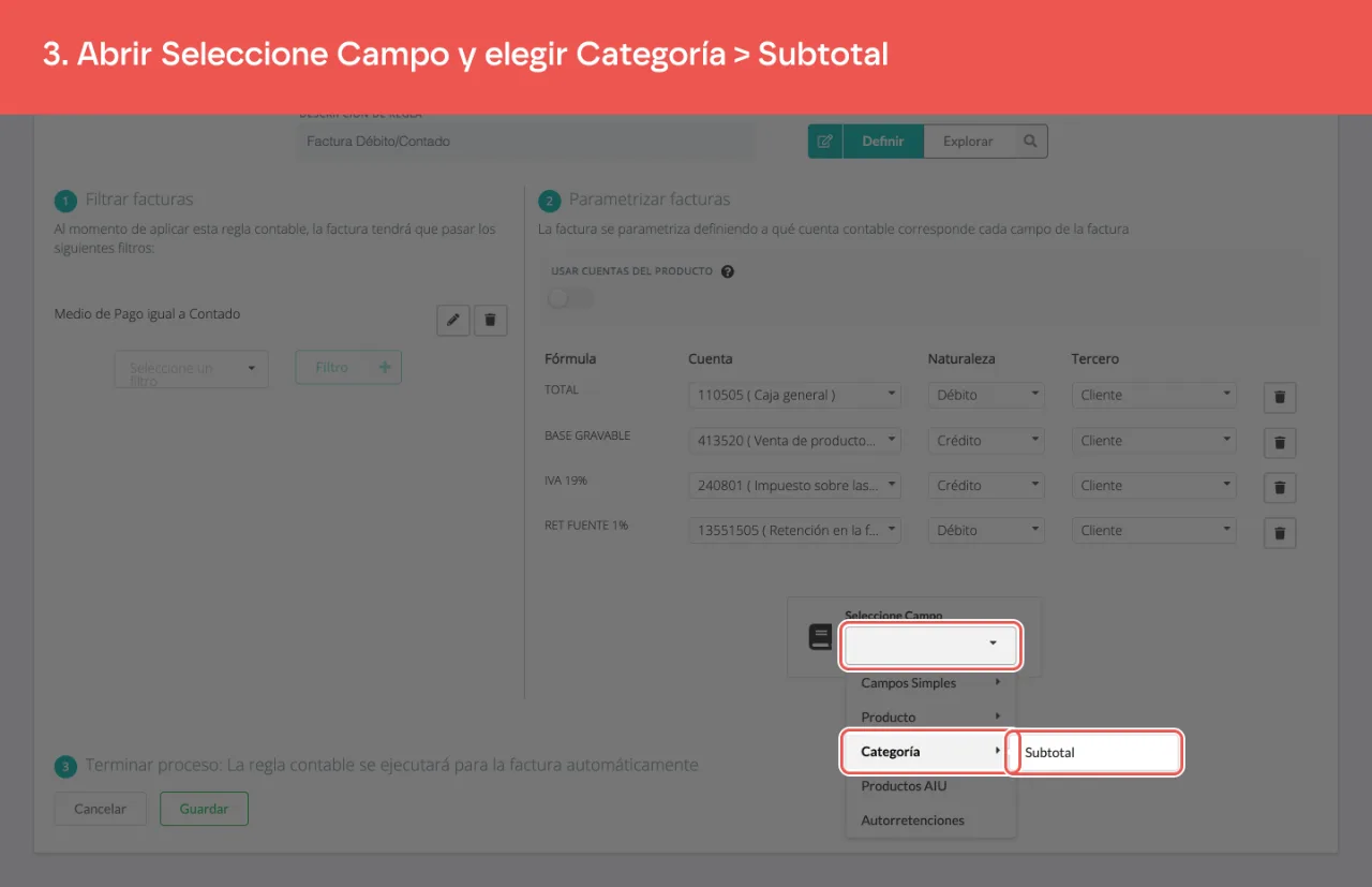 El grupo Categoría del selector de campo, con su opción Subtotal