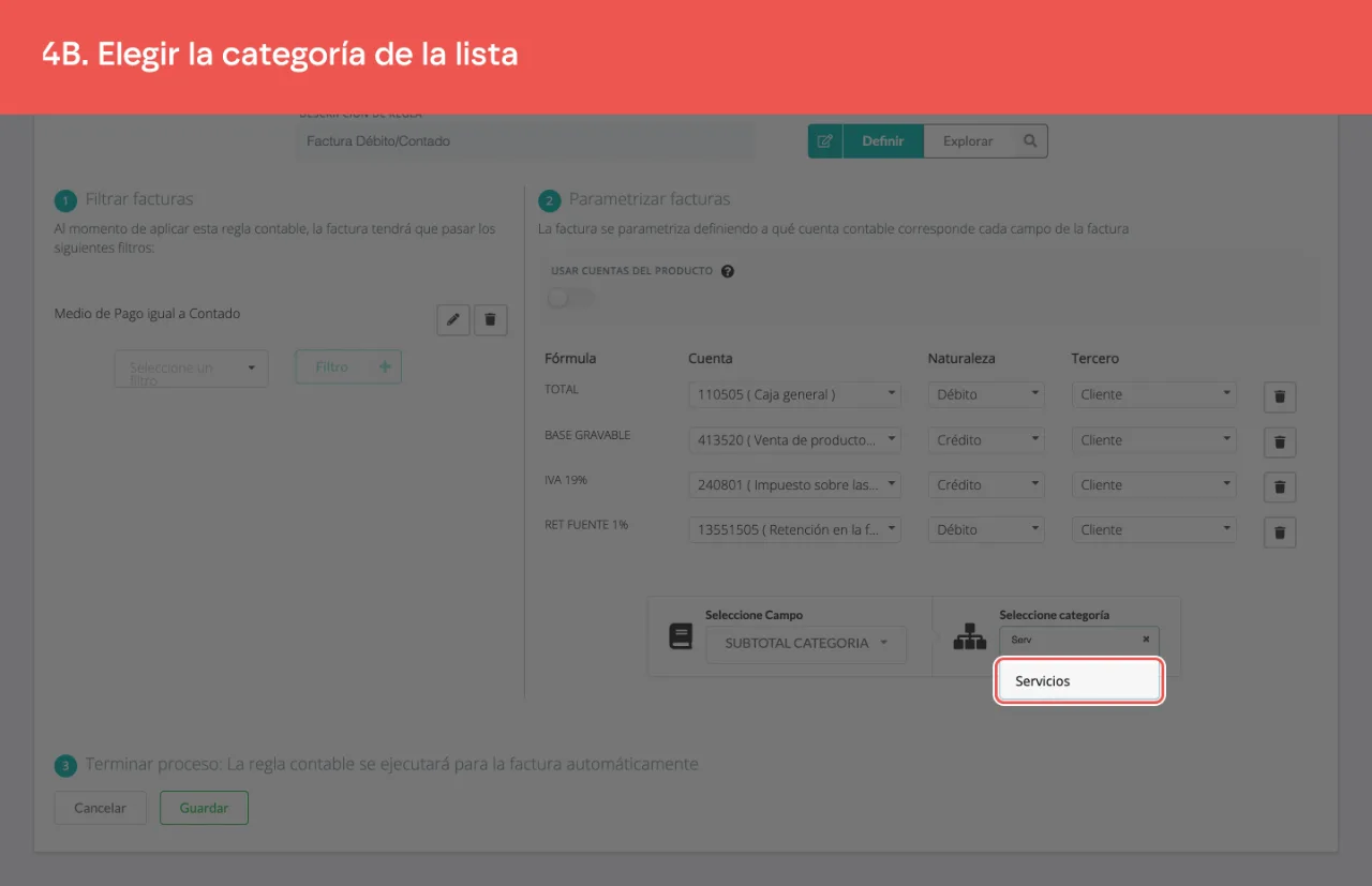 La categoría encontrada en la lista del buscador