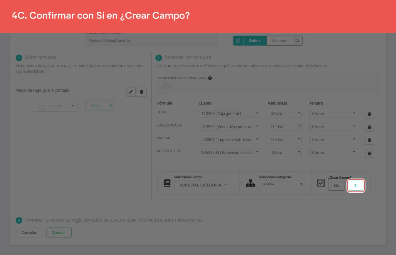 La confirmación ¿Crear Campo?, con sus botones No y Sí