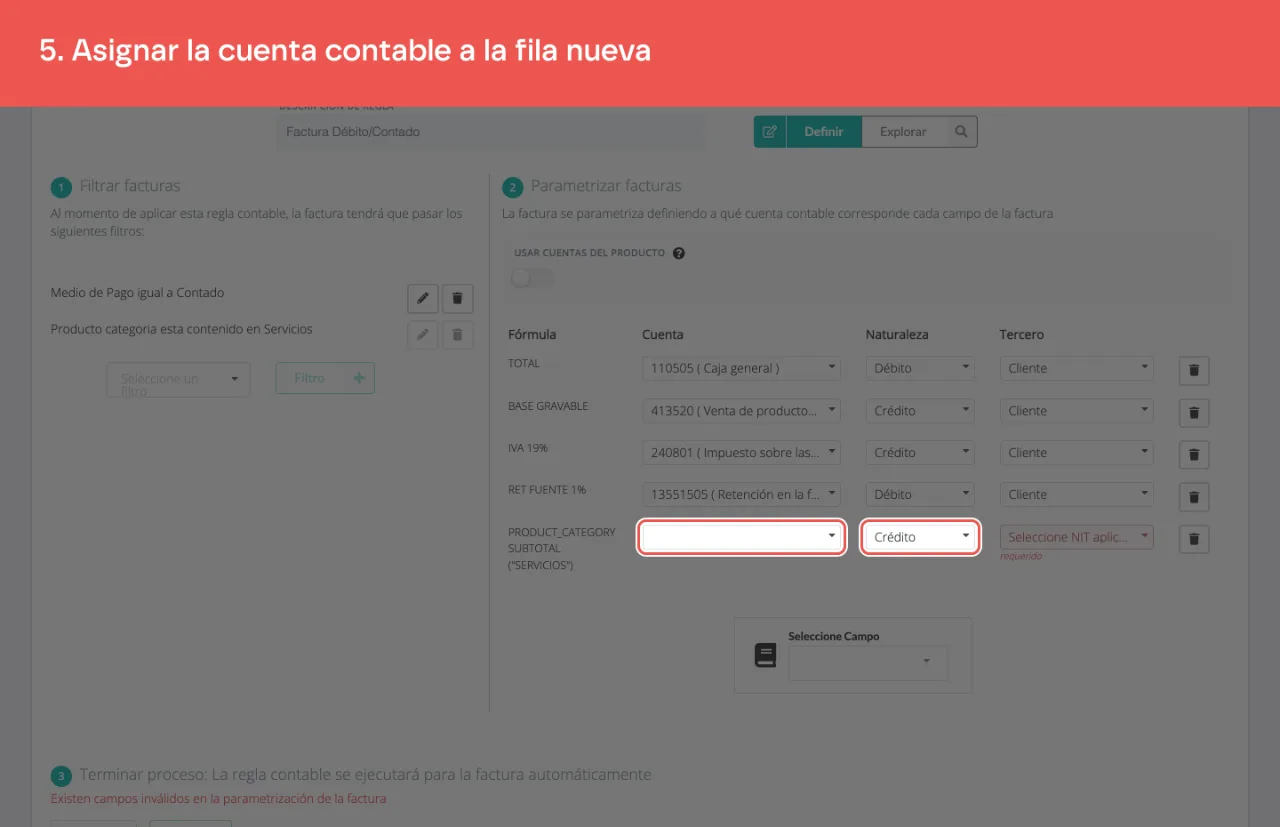 La fila de la categoría recién agregada, con su cuenta y su naturaleza