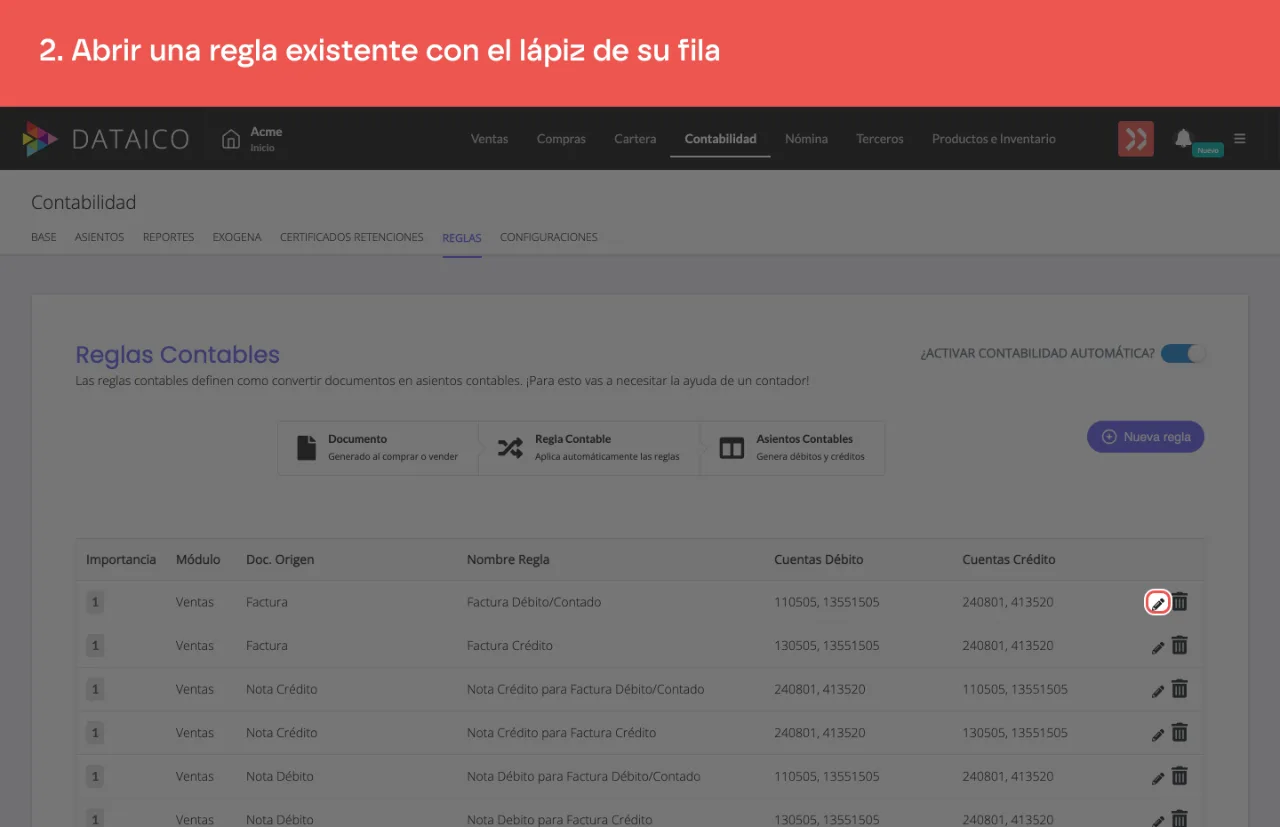 El ícono de lápiz en la fila de la regla de factura