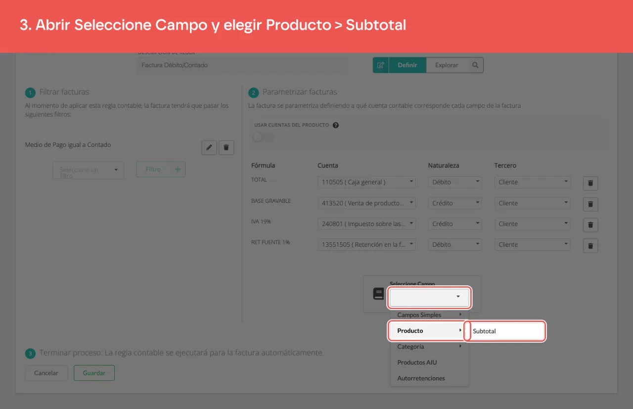 El grupo Producto del selector de campo, con su opción Subtotal