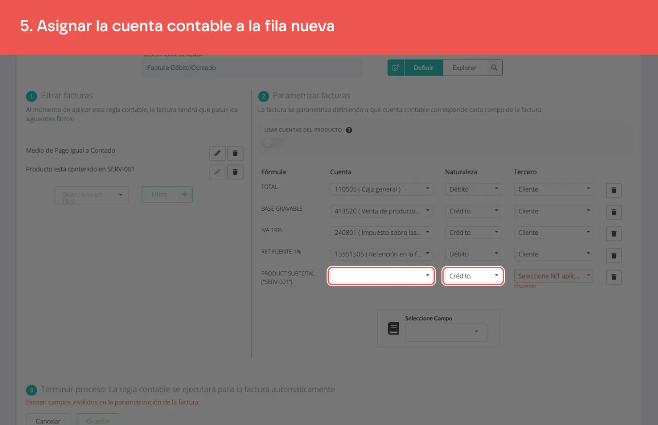 La fila del producto recién agregada, con su cuenta y su naturaleza
