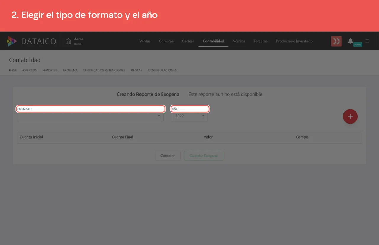 El selector de tipo de formato y el de año del asistente