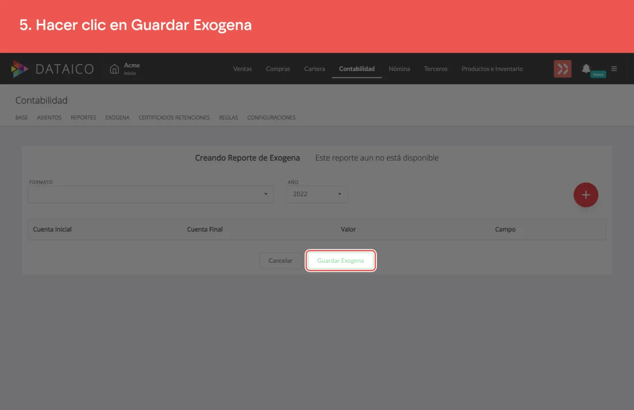 El botón Guardar Exogena del asistente