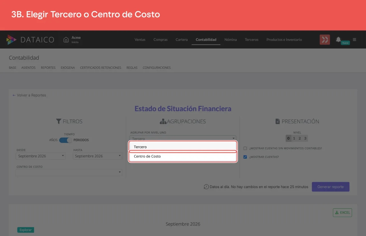 Las dos agrupaciones disponibles: Tercero y Centro de Costo
