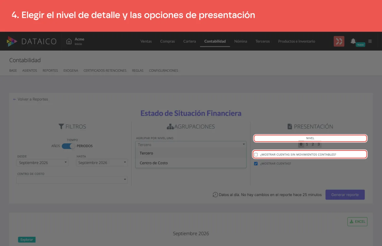 El nivel de detalle y las dos casillas de presentación del reporte