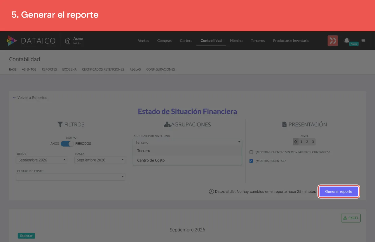 El botón Generar reporte, al pie de los filtros