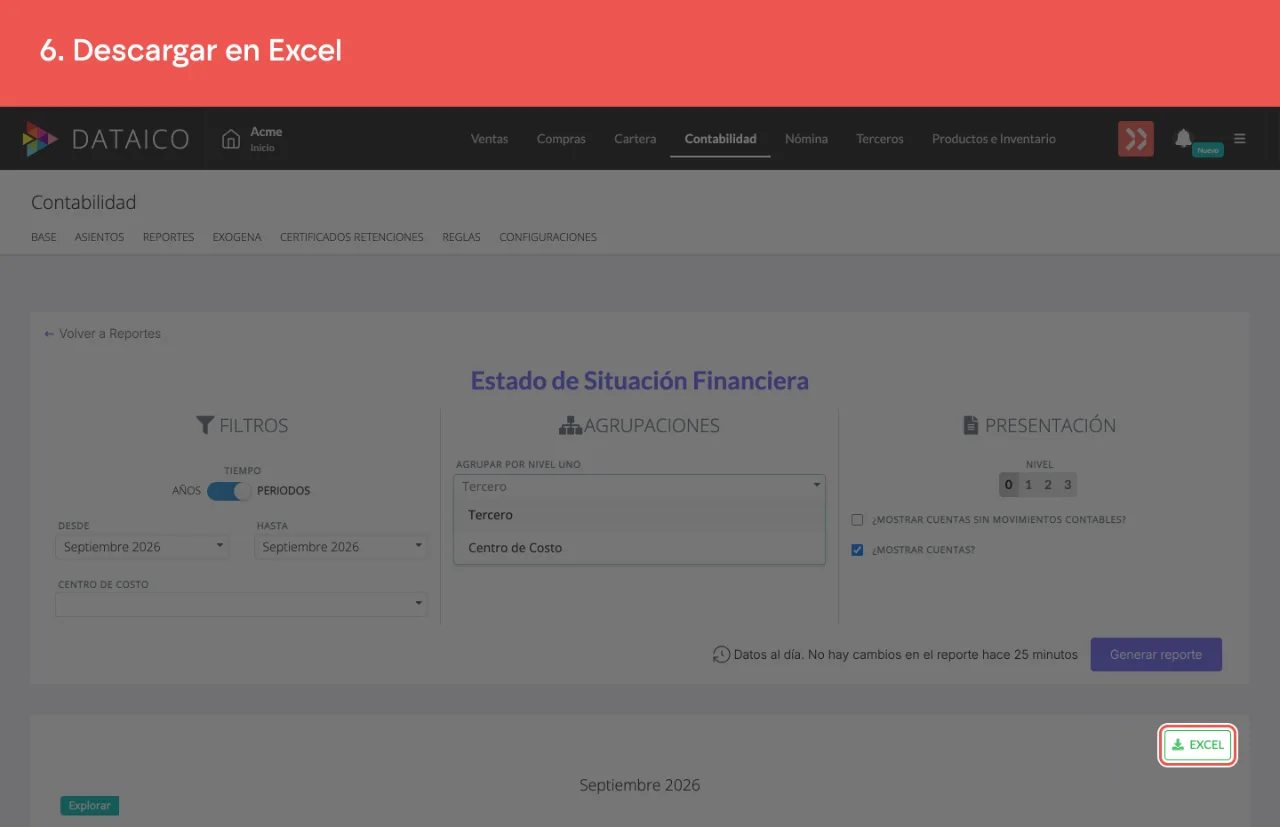 El botón verde de descarga a Excel, arriba del reporte
