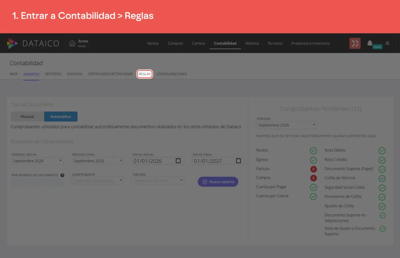 La pestaña Reglas del módulo de Contabilidad