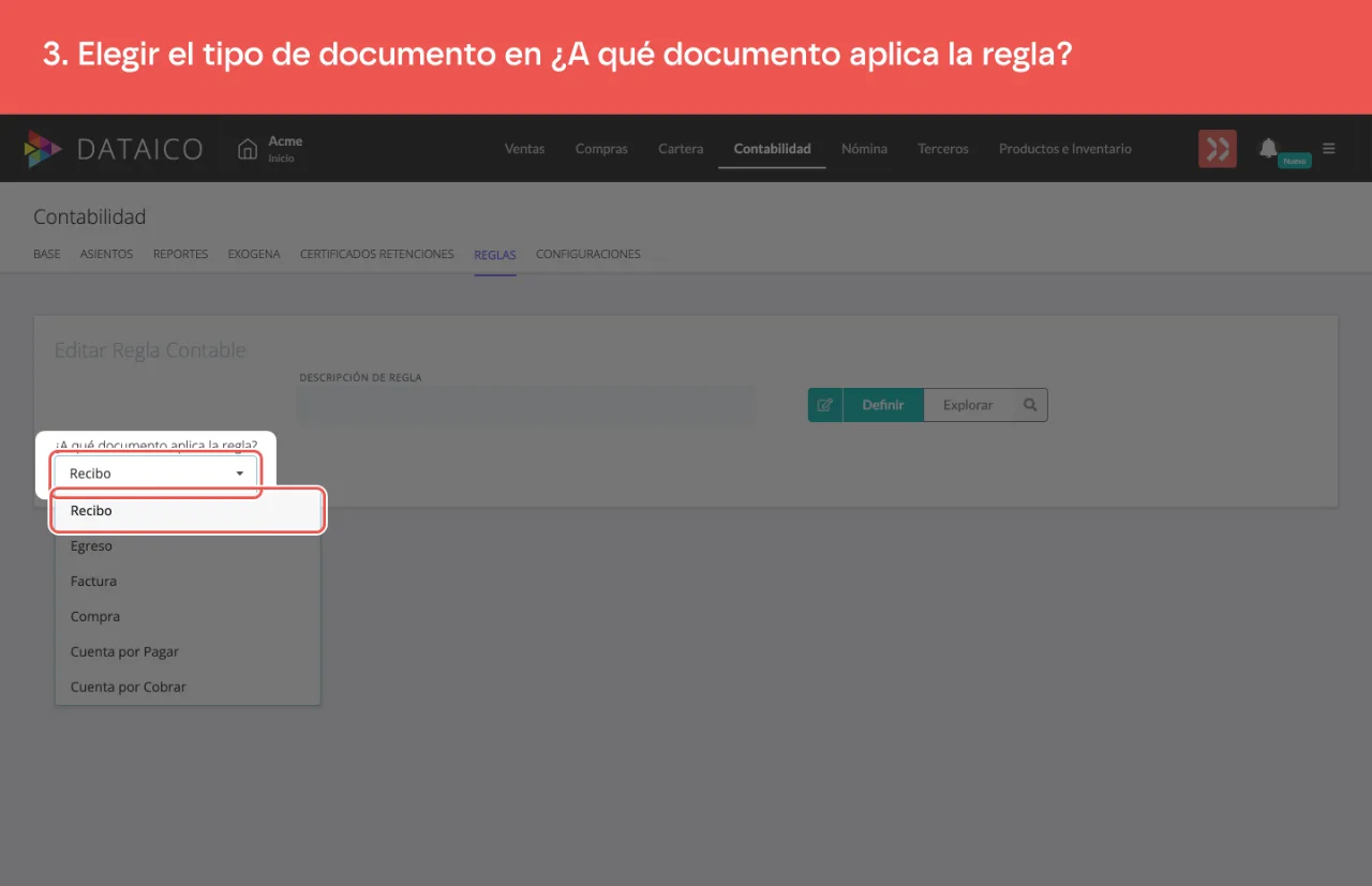 La lista de tipos de documento desplegada, con Recibo señalado