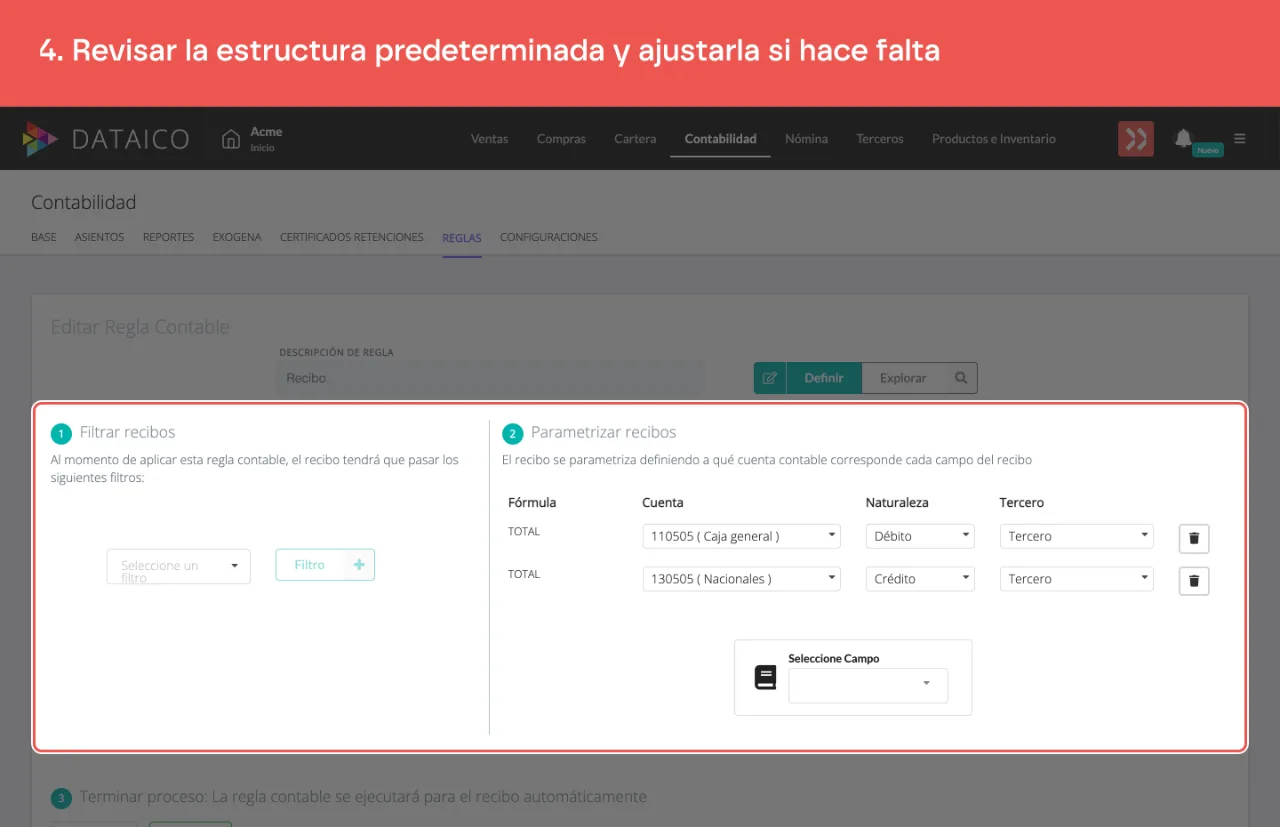 El bloque de parametrización, con sus cuentas, naturalezas y terceros