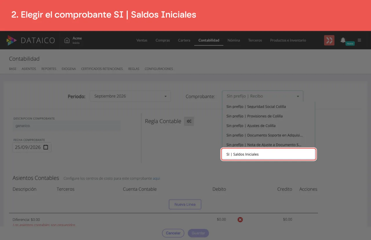 El selector de tipo de comprobante abierto en un asiento nuevo, con la opción SI | Saldos Iniciales