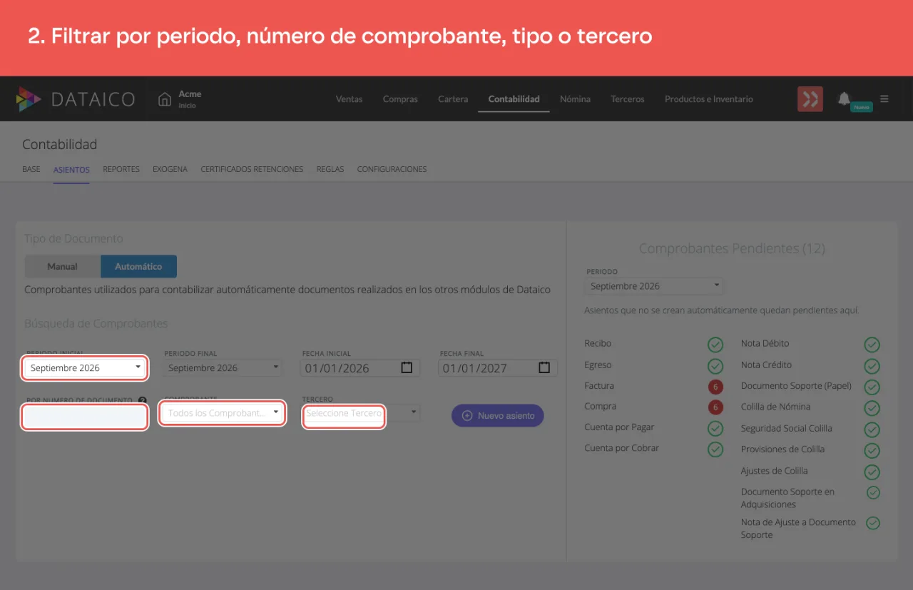 La barra de filtros del listado: periodo, número de documento, tipo de comprobante y tercero