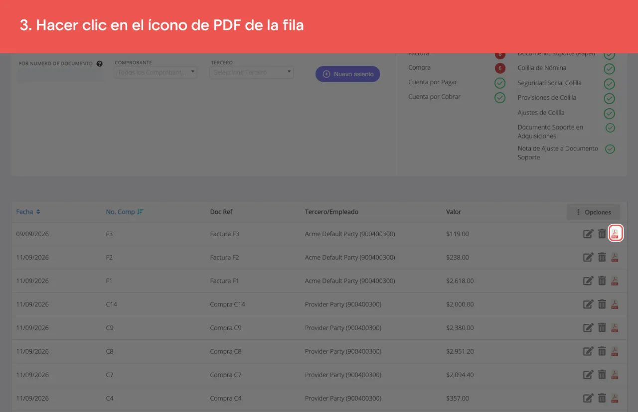 El ícono rojo de PDF en la primera fila del listado, a la derecha