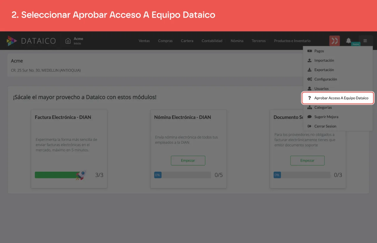 La opción Aprobar Acceso A Equipo Dataico dentro del menú
