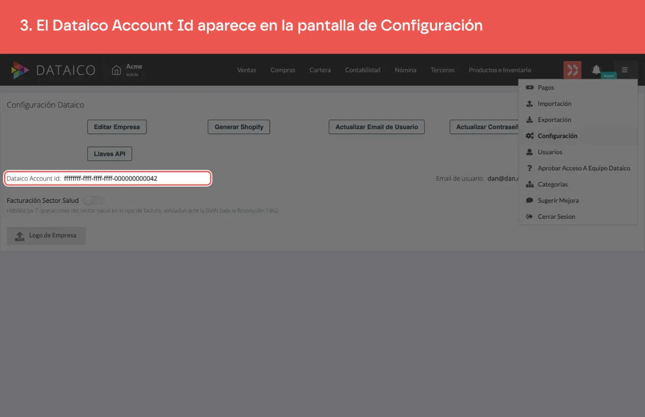 La pantalla de Configuración con la fila Dataico Account Id y el identificador de la cuenta
