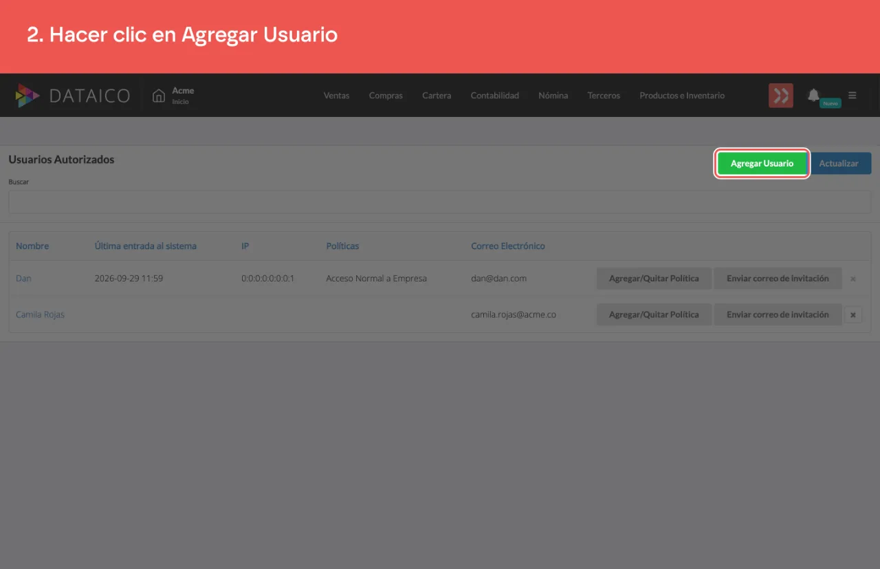 El botón Agregar Usuario, sobre el listado de usuarios autorizados