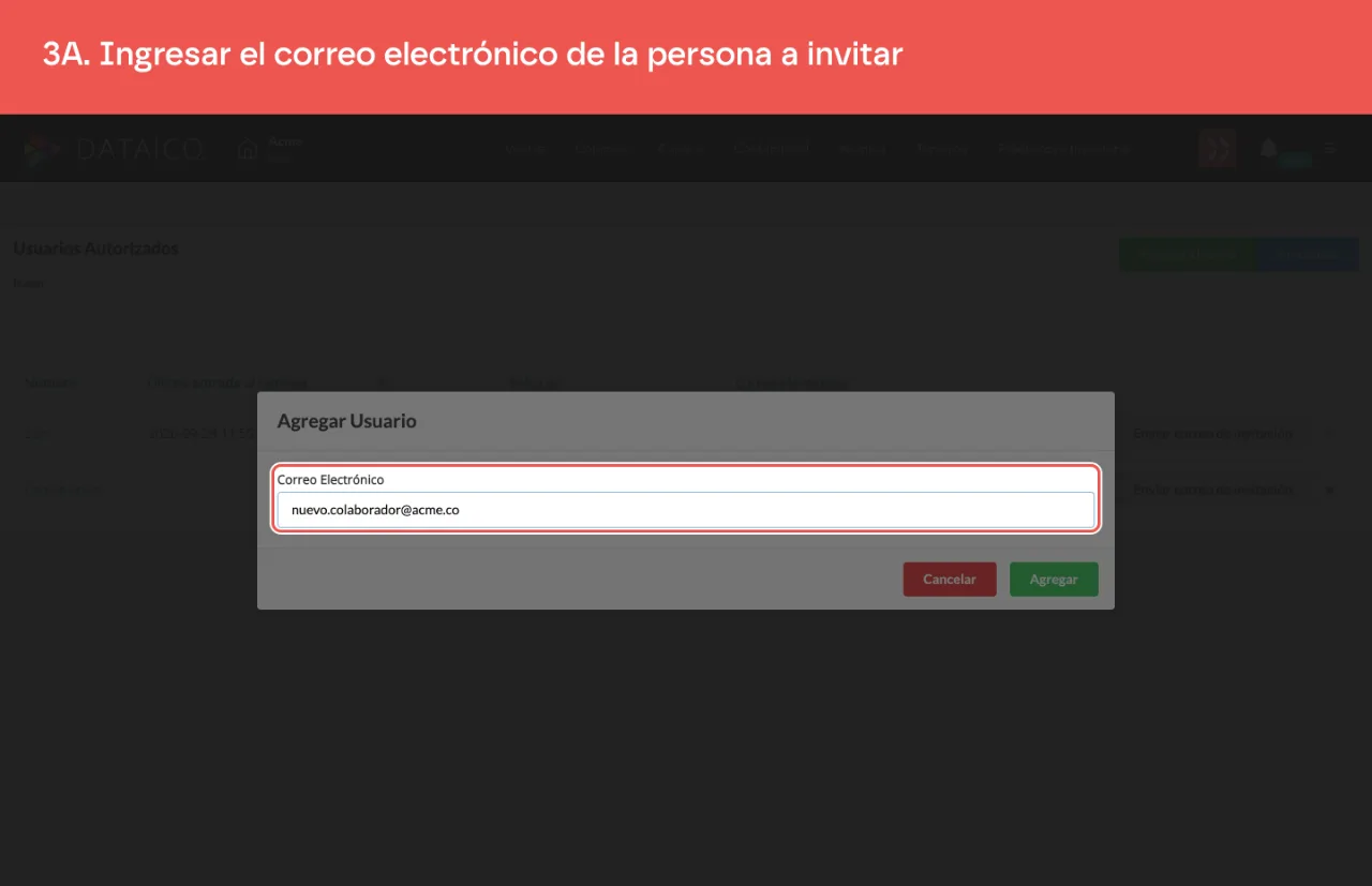 El campo de correo electrónico del cuadro Agregar Usuario