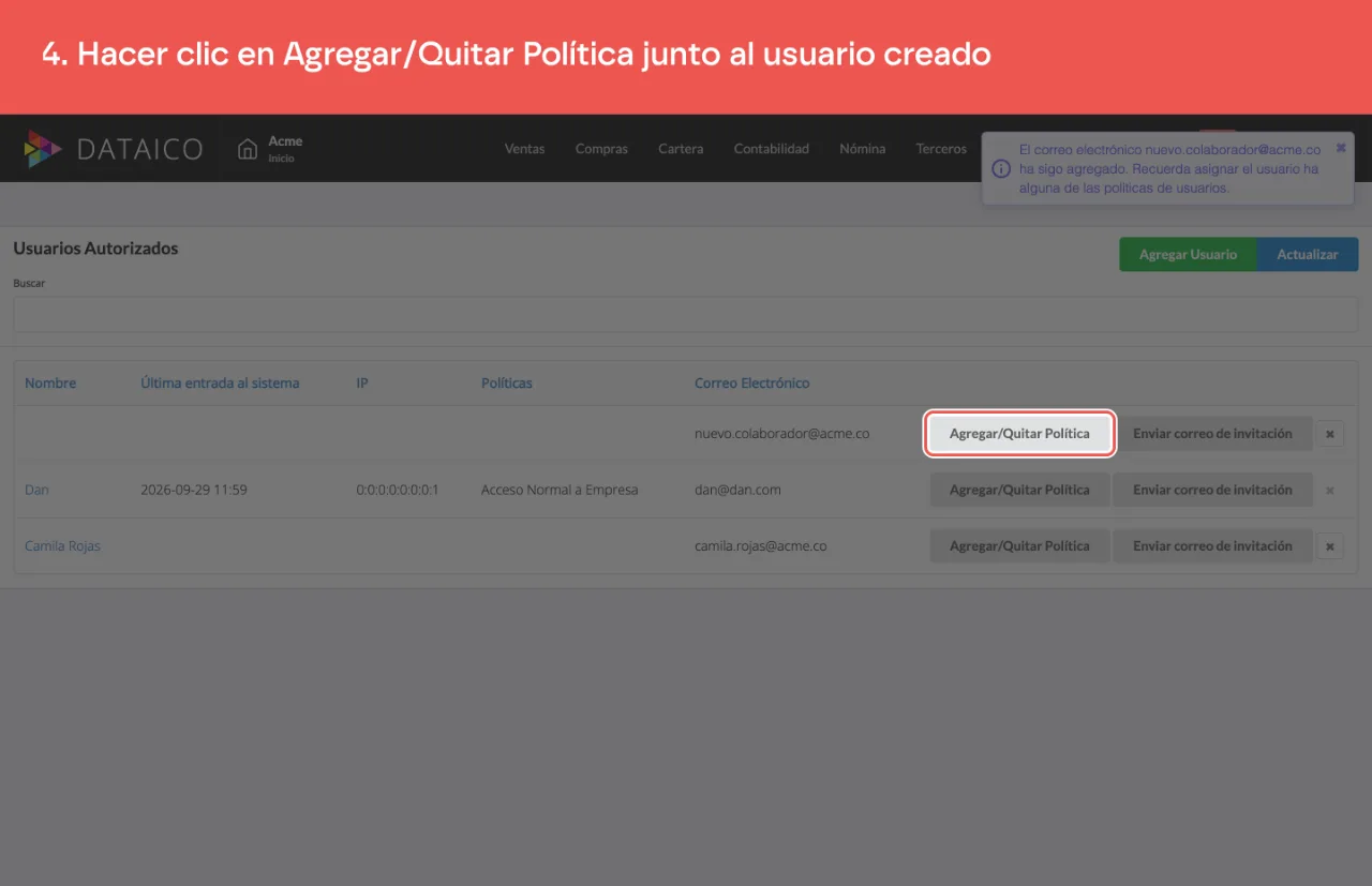 El botón Agregar/Quitar Política en la fila del usuario