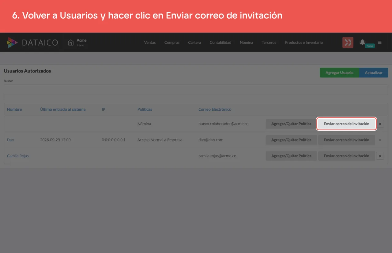 El botón Enviar correo de invitación en la fila del usuario invitado