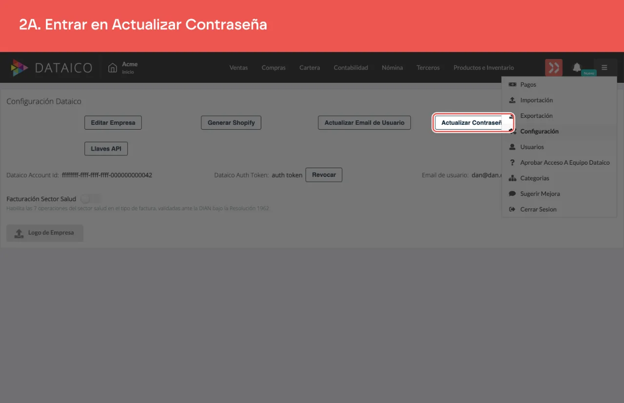El botón Actualizar Contraseña, en la pantalla de Configuración