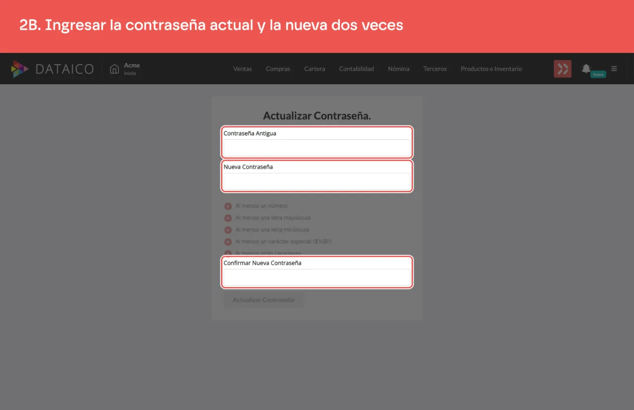 Los tres campos del formulario: contraseña antigua, nueva y su confirmación
