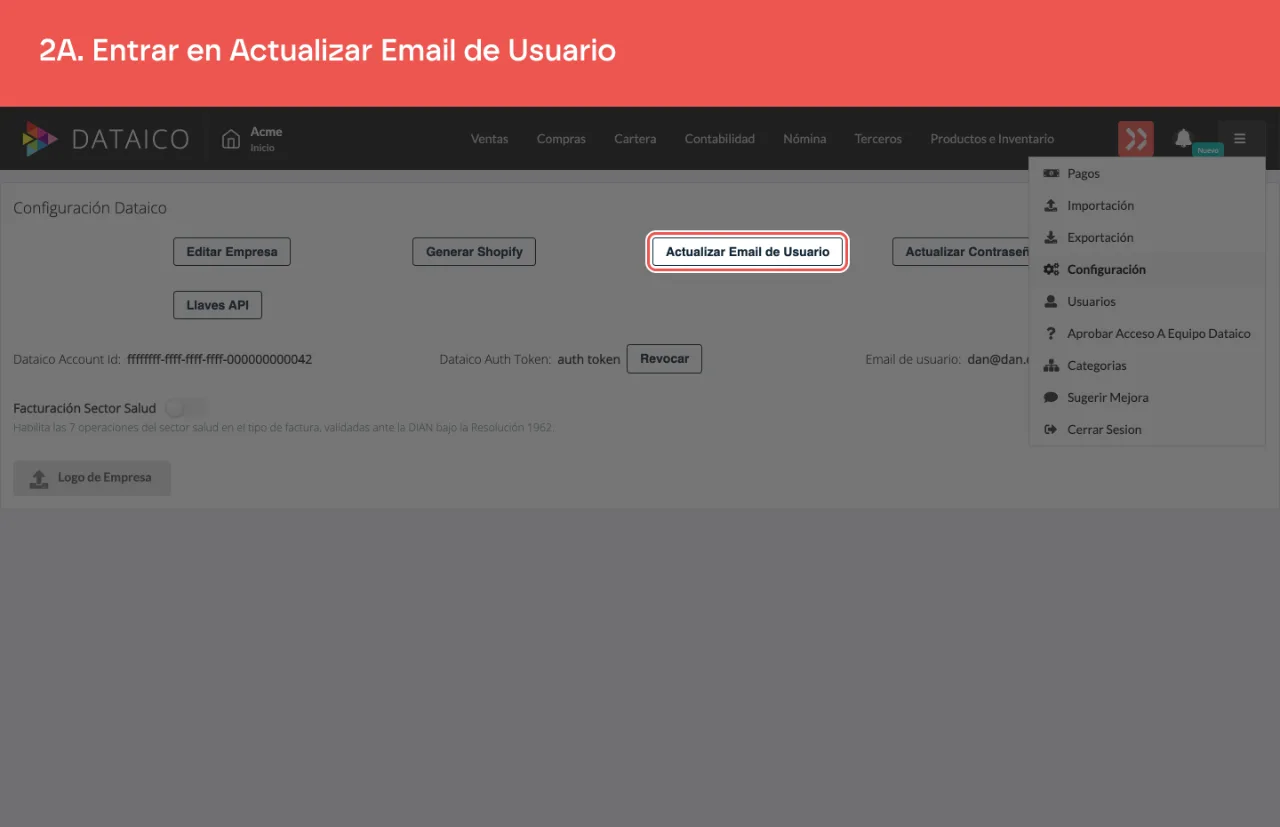El botón Actualizar Email de Usuario, en la pantalla de Configuración