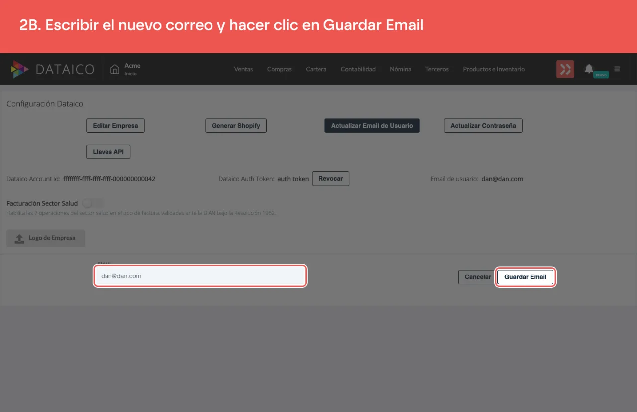 El campo del nuevo correo de acceso y el botón Guardar Email