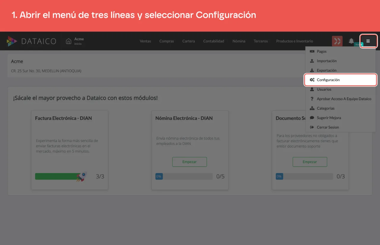 El menú de tres líneas abierto, con la opción Configuración