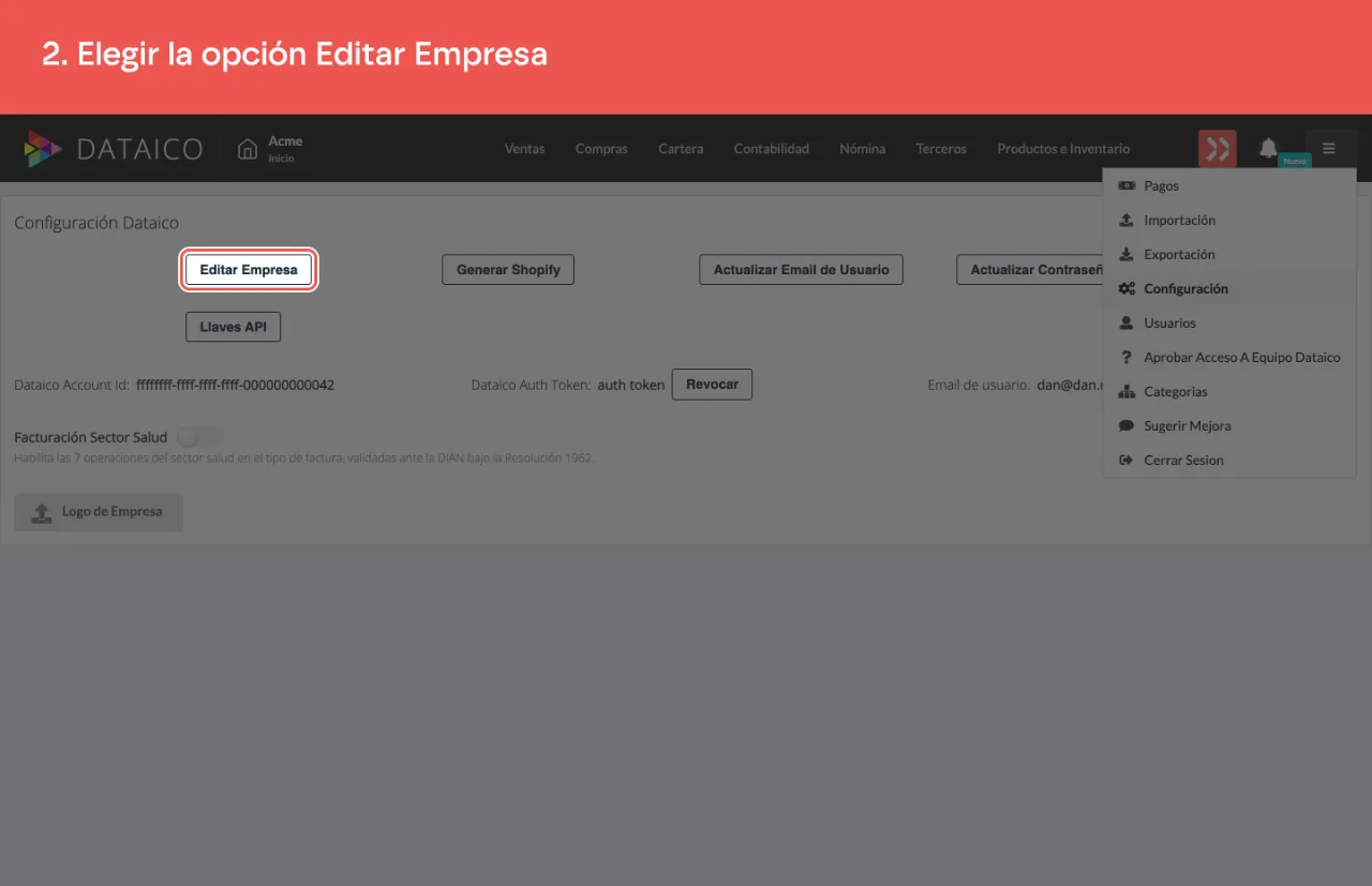 El botón Editar Empresa, en la pantalla de Configuración