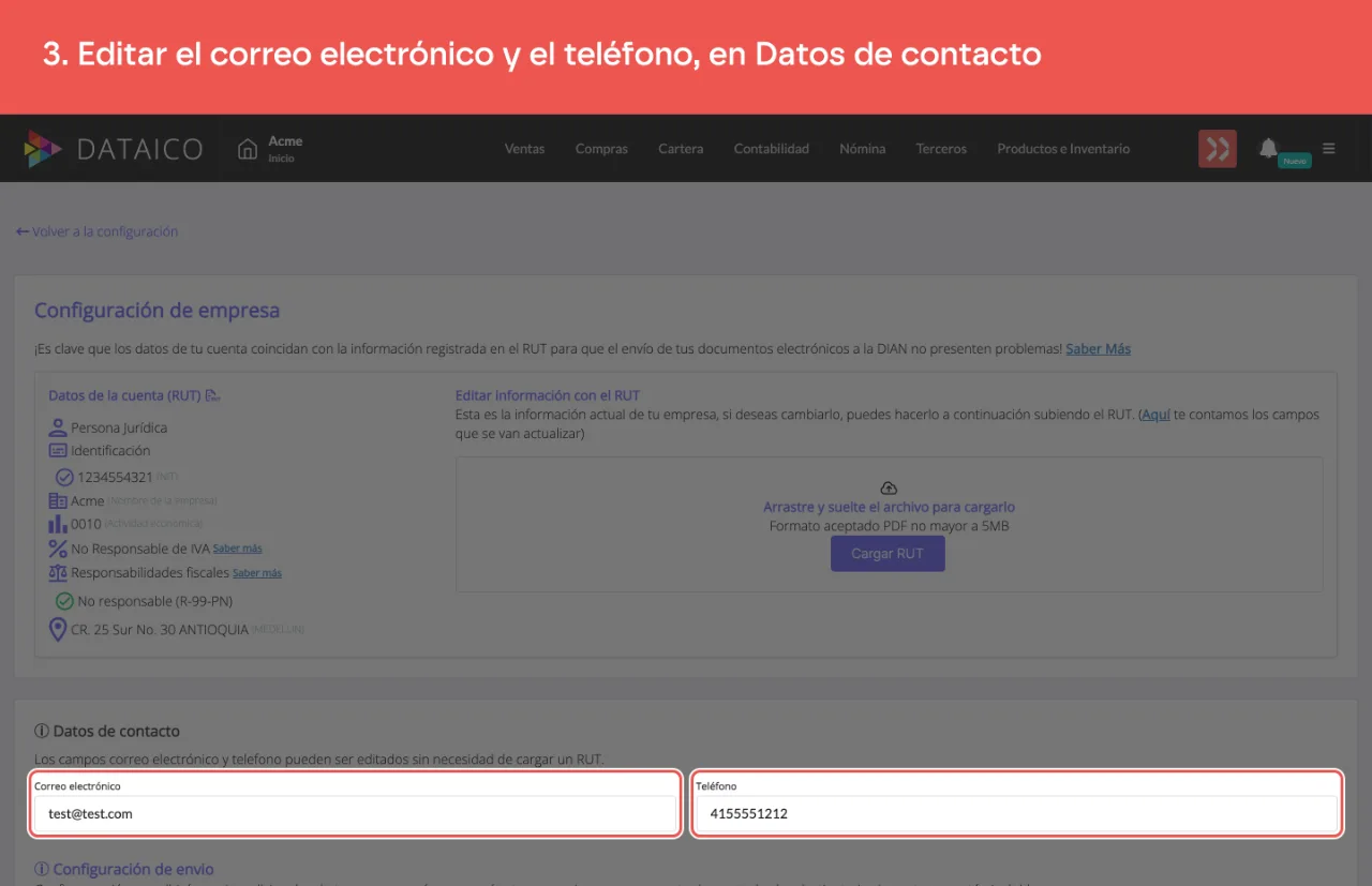 Los campos de correo electrónico y teléfono de la sección Datos de contacto