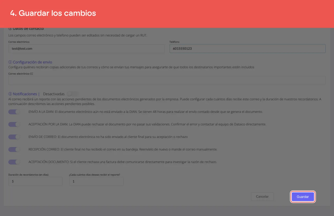 El botón Guardar del formulario de configuración de empresa