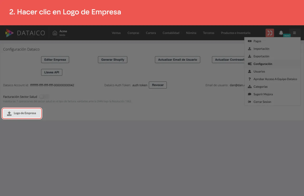 El botón Logo de Empresa, en la pantalla de Configuración